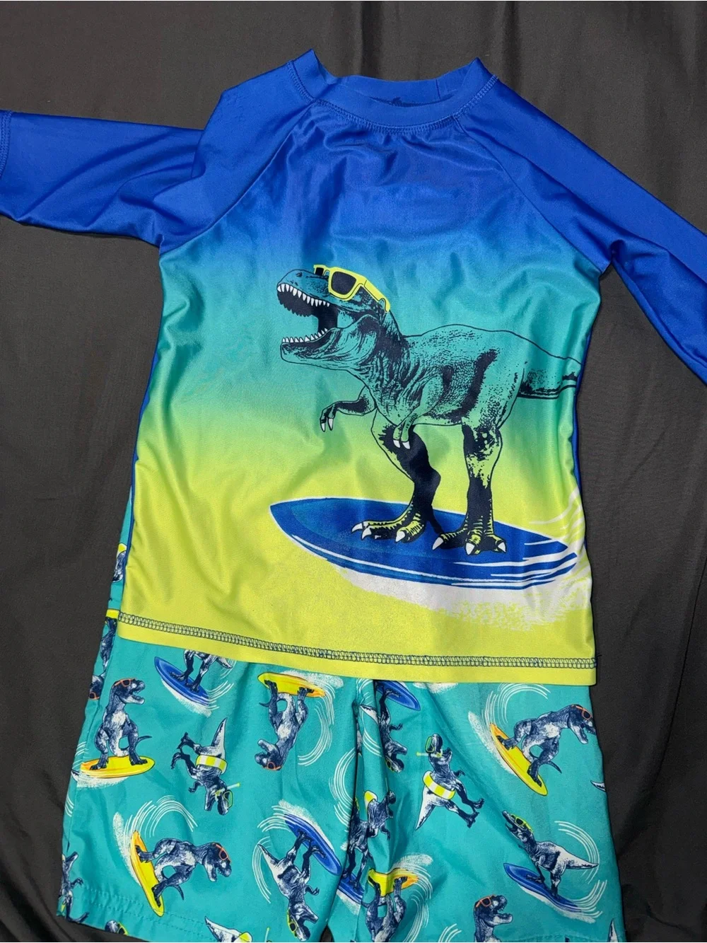 wonder nation Blue & Green Dino Surf Rashguard Set